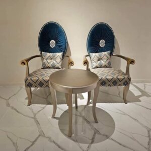 Simple white and blue and white chair with small chair