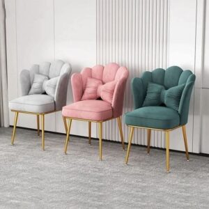 Three single poshish chair with green pink and white color